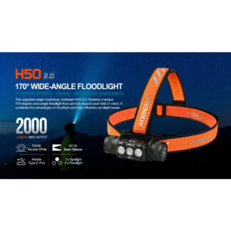 AceBeam H50 2.0 High Performance Rechargeable High CRI Spot/Flood Headlamp - 2000 Lumens, 141 Metres