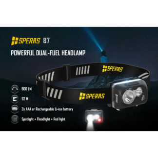 SPERAS B7 Dual-Fuel Lightweight Headlamp with Red Light - 600 Lumens, 92 Metres