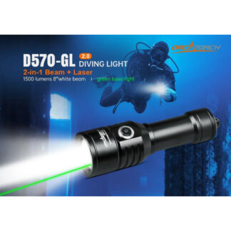 OrcaTorch D570-GL 2.0 Diving Light - 1500 Lumens, with 5mW Green Laser Light